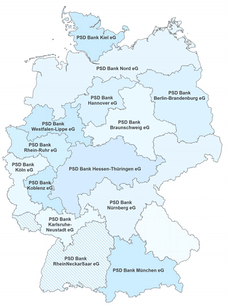 PSD Banken je nach Bundesland. Die PSD Banken sind eingetragene Genossenschaften und Teil der genossenschaftlichen Finanzgruppe in Deutschland. Die PSD Bankengruppe ist die älteste Direktbankengruppe Deutschlands und besteht heute aus 14 selbstständig agierenden Mitgliedsinstituten, einer zentralen Servicegesellschaft sowie dem Verband der PSD Banken e.V. mit Sitz in Bonn. Die PSD Banken bieten ihren Kunden als einzige Bankengruppe in Deutschland die erfolgreiche Kombination aus Direkt- und Filialbank.